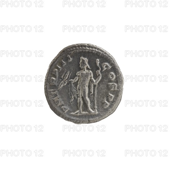 Denarius; Roman deities; Jupiter; Alexander Severus Roman emperor, 222–235 — iconography. Obverse: IMPCMAVRSEVALEXANDAVG. Bust of Alexander Severus right with laurel wreath and paludamentum, pearl rim. Reverse: PMTRPIII COSPP. Naked Jupiter in a cloak stands facing, head turned left, holding a thunderbolt in his right hand and a spear in his left; pearl rim. Date: 224. Roman Empire 27 BC–476. Place of origin: Rome. Object type: coin. Diameter: 18.0–19.0 mm. Weight: 3.36 g., A round, worn coin with a raised edge and a central embossed figure of a standing person holding objects in each hand; the figure appears in profile with visible limbs and drapery-like details. The coin surface shows textured, irregular wear and shallow relief lines around the rim. The visible colors are shades of gray and silver with darker gray in recessed areas and lighter silver on raised surfaces.