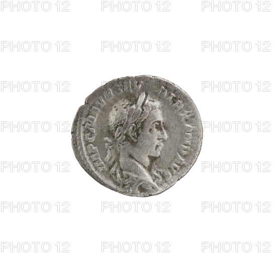 Denarius of Alexander Severus reigned 222–235. Obverse: Bust of Alexander Severus right with laurel wreath and paludamentum, pearl rim; legend IMPCMAVRSEV ALEXANDAVG. Reverse: Emperor in military dress standing straight, head turned left, holding a ball in his right hand and a spear in his left; legend PMTRPIII COSPP. Roman Empire, Rome, 224. Coin: diameter 17.5–19.0 mm, weight 2.70 g., A circular metallic coin with a worn textured surface showing a raised profile of a person facing right, with short hair and a laurel or similar headband; the coin displays a raised rim and a ring of shallow marks around the portrait. The visible colors are silver-gray with subtle darker gray toning and small areas of pale greenish discoloration.