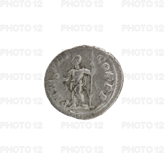 Denarius, Alexander Severus 208–235; Roman emperor 222–235. Obverse: Bust of Alexander Severus right with laurel wreath and paludamentum, pearl rim; legend IMPCMAVRSEV ALEXANDAVG. Reverse: Emperor in military dress standing straight, head turned left, holding a ball in his right hand and a spear in his left; legend PMTRPIII COSPP. Roman Empire, Rome; 224. Coin dia. 17.5–19.0 mm, weight 2.70 g., A round, weathered coin with a textured, uneven edge showing a raised, worn figure standing in the center holding a vertical object, rendered in shades of gray and silver against a white background.