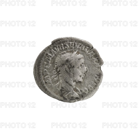 Denarius; Roman deities; Jupiter; Alexander Severus Roman emperor, 222–235 — iconography. Obverse: IMPCMAVRSEVALEXANDAVG — Bust of Alexander Severus right with laurel wreath and paludamentum, pearl rim. Reverse: PMTRPIII COSPP — Naked Jupiter in a cloak stands facing, head turned left, holding a thunderbolt in his right hand and a spear in his left, pearl rim. Date: 224. Place of origin: Rome, Roman Empire 27 BC–476. Object type: coin. Diameter: 18.5–19.5 mm. Weight: 2.32 g., A round metallic object with a weathered, textured surface showing the profile of a person's head facing right; the object is predominantly silver-gray with darker gray areas and some lighter highlights, and it sits against a plain white background.