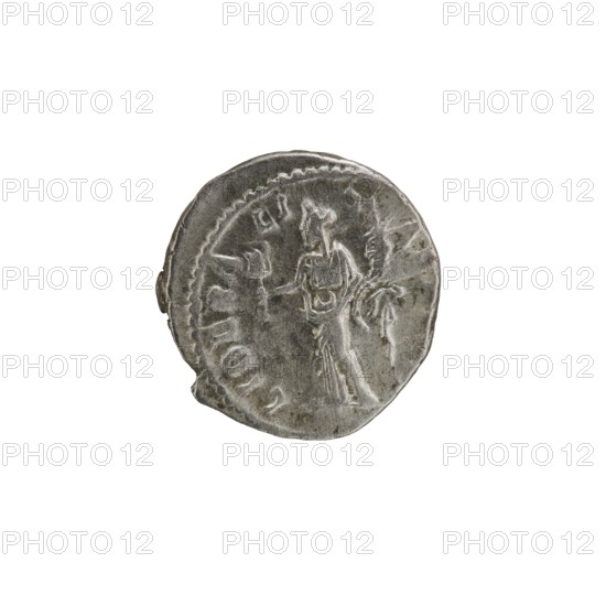 Denarius depicting personifications; Alexander Severus Roman emperor, 222–235 — iconography: Liberalitas. Obverse: IMPCMAVRSEVALEXANDAVG. Bust of Alexander Severus right with laurel wreath and paludamentum, pearl rim. Reverse: LIBERALITASAVGII. Liberalitas stands facing left, holding a tessera in his right hand and a cornucopia in his left; pearl rim. Date: 222–228. Place of origin: Rome, Roman Empire. Object: coin denarius. Dimensions: diameter 18.5–19.0 mm; weight 3.25 g., A round metallic object with a worn, uneven edge showing a raised, embossed figure in relief at its center; the surface has a textured, slightly tarnished appearance with variations in light and dark gray tones and small areas of dull silver. The figure appears to be standing and is outlined by an incised border around the edge; there are a few raised decorative marks and shallow grooves on the surface. The background is plain white, and the object casts no visible shadow.