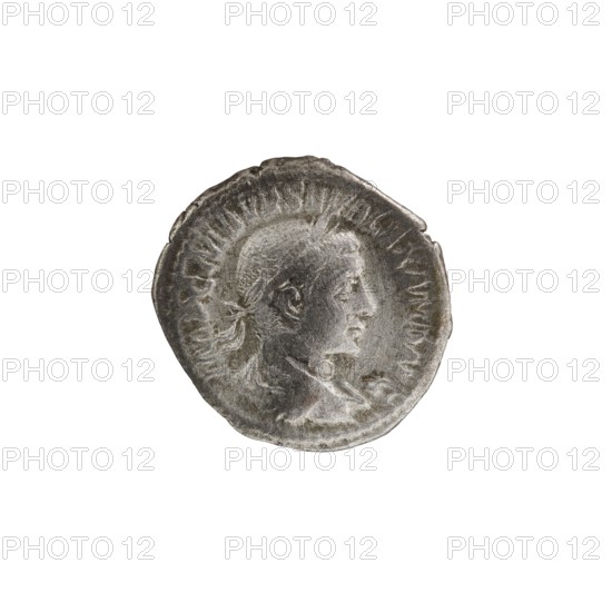 Denarius, Alexander Severus Roman emperor; 222–235 — iconography: personifications, Liberalitas. Obverse: Bust of Alexander Severus right with laurel wreath and paludamentum, pearl rim. Reverse: Liberalitas stands facing left, holding a tessera in his right hand and a cornucopia in his left, pearl rim. Date: 222–228. Place of origin: Rome. Medium: coin. Diameter: 18.0–19.5 mm. Weight: 3.30 g. Inscription obv.: IMPCMAVRSEVALEXANDAVG. Inscription rev.: LIBERALITASAVGII., A worn metallic round object with a raised profile of a person facing right, featuring short hair tied at the back and a defined facial outline, surrounded by a textured border; the object shows a patina with shades of silver, gray, and darker gray, and sits against a plain white background.