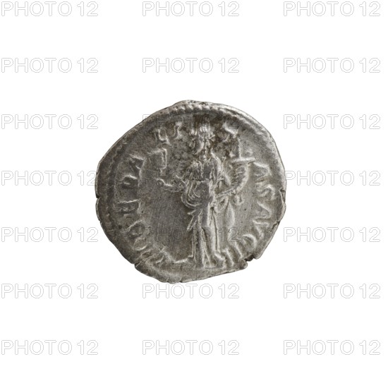 Denarius, Alexander Severus Roman emperor; 222–235 — iconography: personifications, Liberalitas. Obverse: IMPCMAVRSEVALEXANDAVG. Bust of Alexander Severus right with laurel wreath and paludamentum, pearl rim. Reverse: LIBERALITASAVGII. Liberalitas stands facing left, holding a tessera in his right hand and a cornucopia in his left; pearl rim. Date: 222–228. Roman Empire. Mint: Rome. Coin. Diameter 18.0–19.5 mm. Weight 3.30 g., A round metallic object with a weathered silver-gray surface showing a raised central relief of a standing human figure, surrounded by a worn raised border with several faint raised marks; the object has irregular edges and a few small dents and scratches, and the visible colors are silver-gray and darker gray tones.