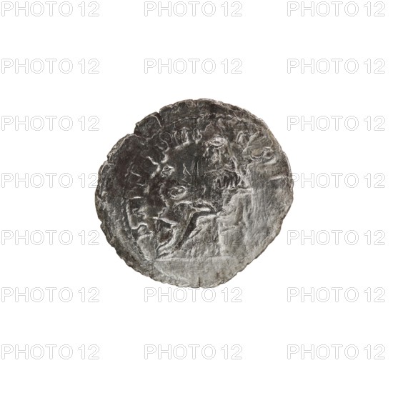 Denarius; personifications; Alexander Severus Roman emperor, 222–235 — iconography: Salus. Obverse: Bust of Alexander Severus right with laurel wreath and paludamentum, pearl rim. Reverse: Salus seated facing left, holding a patera in her right hand feeding a snake coiled around an altar, lion resting its elbow on the backrest, pearl rim. Date: 224. Place of origin: Rome. Material: coin. Diameter: 19.0–20.0 mm. Weight: 2.57 g., A round metallic object with an uneven, worn surface and irregular edges sits against a plain white background; the object shows raised, textured areas suggesting a relief design with curved and angular forms, and its colors are shades of silver, gray, and dark gray with subtle variations in tone.