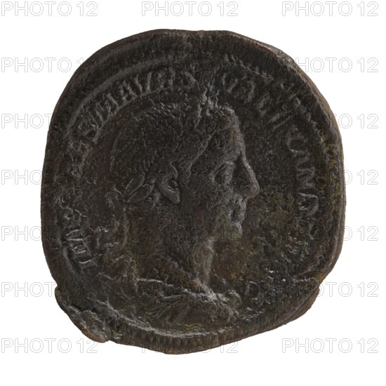 Sestertius, Alexander Severus Roman Emperor, 222–235 — iconography: standing emperor, globes. Obv.: IMPCMAVRSEVALEXANDERAVG — Bust of Alexander Severus right wearing a laurel wreath, armor, and paludamentum; pearl rim. Rev.: PONTIFMAXTRPIIIICOSPP — Emperor in military attire standing facing left, holding a ball in his right hand and a spear with the point down in his left hand; SC on both sides; pearl rim. 224 CE. Roman Empire; Rome. Coin; diameter 31.0–33.0 mm; weight 27.25 g., A round, dark brown and black coin with a worn, textured surface showing the raised profile of a person's head facing right; the profile has visible features like hair, forehead, nose, lips, and chin. The coin edge appears irregular and slightly chipped in places, with areas of lighter brown and greenish patina scattered across the surface, and faint raised borders around the rim. The overall colors visible are dark brown, black, lighter brown, and hints of green.