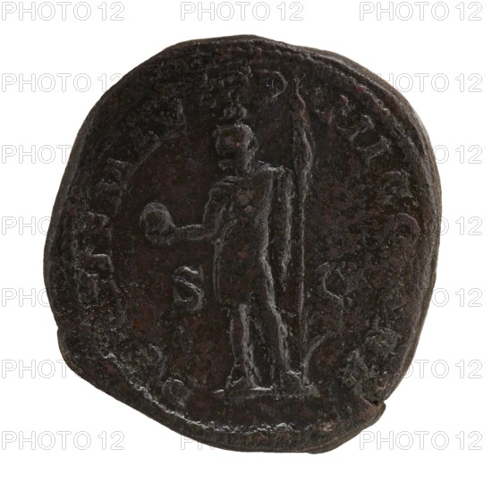 Sestertius, Alexander Severus Roman Emperor, 222–235 — iconography: standing emperor iconographic, globes. Obverse: IMPCMAVRSEVALEXANDERAVG — Bust of Alexander Severus right wearing a laurel wreath, armor, and paludamentum, pearl rim. Reverse: PONTIFMAXTRPIIIICOSPP — Emperor in military attire standing facing left, holding a ball in his right hand and a spear with the point down in his left hand, SC on both sides, pearl rim. Date: 224. Place of origin: Rome, Roman Empire 27 BC–476. Object: coin sestertius. Dimensions: diameter 31.0–33.0 mm; weight 27.25 g., A round, worn coin with a dark brown and black patina showing a raised, weathered relief of a standing human figure holding a rounded object in one hand and a long staff or spear in the other, surrounded by faint raised edging and weathered surface texture with some lighter brown and greenish spots.