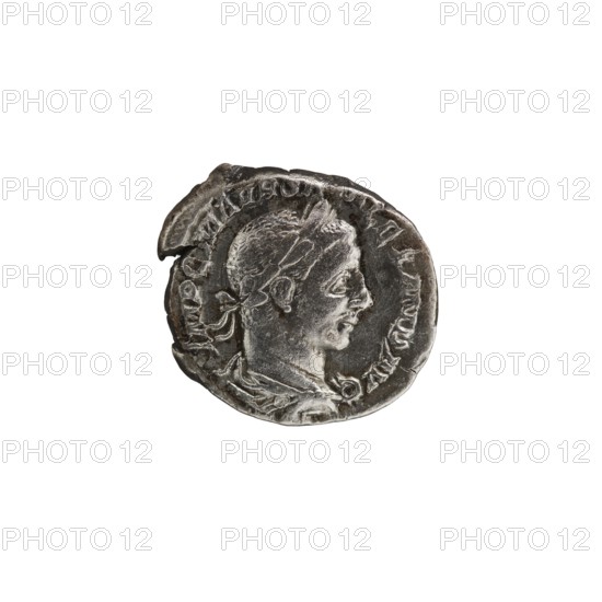 Denarius; personifications; Alexander Severus Roman emperor, 222–235 — iconography: Fides Fidelity, personification. Obverse: IMPCMAVRSEVALEXANDAVG — bust of Alexander Severus facing right, wearing a laurel wreath and paludamentum; pearl rim. Reverse: FIDES MI LITVM — Fides standing straight with his head to the left, holding a legionary badge in each hand; pearl rim. 222–228. Roman Empire. Mint: Rome. Coin. Diameter obverse 16.5 mm; diameter reverse 19.0 mm; weight 3.47 g., A circular metallic coin with worn edges showing a raised profile of a person facing right, featuring short hair and a tied ribbon at the back, with decorative raised patterns around the neckline and a rim of raised markings along the coin's edge, rendered in shades of silver, gray, dark gray, and black.