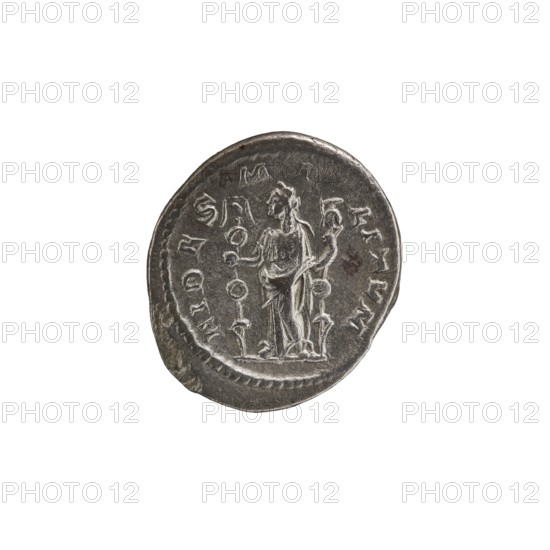 Denarius, personifications, Alexander Severus Roman emperor; 222–235 — iconography: Fides Fidelity, personification. Obverse: IMPCMAVRSEV ALEXANDAVG. Bust of Alexander Severus facing right, wearing a laurel wreath and paludamentum; pearl rim. Reverse: FIDES MILITVM. Fides standing upright with her head turned left, holding a legionary badge in each hand; pearl rim. Date: 222–228. Place/origin: Rome, Roman Empire 27 BC–476. Coin; diameter ca. 18–20 mm; weight 3.50 g., A round metallic object with a worn, textured surface showing a raised human figure standing and draped in a long garment, flanked by two vertical staff-like shapes; the object has irregular edges and an incised border, with visible raised marks and shallow depressions on its face. Colors visible include silver, gray, and darker tarnished gray-brown tones.