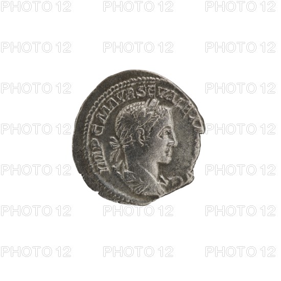 Denarius; personifications; Alexander Severus Roman emperor, 222–235 — iconography: Fides Fidelity, personification. Obverse: IMPCMAVRSEVALEXANDAVG — Bust of Alexander Severus facing right, wearing a laurel wreath and paludamentum, pearl rim. Reverse: FIDES MILITVM — Fides standing upright, head turned left, holding a legionary badge in each hand, pearl rim. Date: 222–228. Place of origin: Rome. Medium/function: coin. Dimensions: diameter ~18.0–19.0 mm; weight 2.52 g., A worn circular metallic coin with a raised profile of a person facing right, showing detailed facial features and short hair with a laurel wreath; the coin surface has textured areas and slight irregular edges. The visible colors are shades of gray and silver with darker gray shadows and lighter highlights.