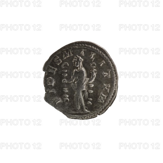 Denarius, personifications, Alexander Severus Roman emperor; 222–235 - iconography, Fides Fidelity; personification. Obv.: IMPCMAVRSEVALEXANDAVG. Bust of Alexander Severus facing right, wearing a laurel wreath and paludamentum, pearl rim. Rev.: FIDES MILITVM. Fides standing straight with his head to the left, holding a legionary badge in each hand, pearl rim. 222–228, Roman Empire. Coin: diameter 18.0–19.0 mm, weight 2.52 g., A single round dark metallic coin with a worn surface and irregular edges, showing a raised figure of a standing person in the center holding a staff or scepter, surrounded by a ring of shallow decorative elements and markings; the coin displays shades of dark gray and black with lighter gray highlights on the raised areas, and a white background.