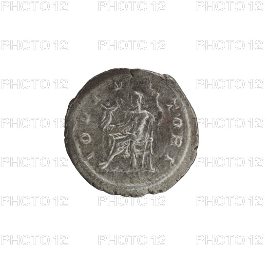 Denarius; obverse: IMPCMAVRSEVALEXANDAVG — Head of Alexander Severus right, laurel wreath and paludamentum, pearl rim. Reverse: IOVI VL TORI — Jupiter half-naked seated on a throne facing left, holding Victoria in his outstretched right hand and a spear in his left, pearl rim. Circa 222–228. Roman Empire, minted in Rome. Coin. Diameter: 18.5–19.5 mm; weight: 2.88 g., A round, worn metal object with a textured surface in shades of gray and dark gray occupies the center of a white background; the object shows an embossed scene with a seated human figure and another standing figure, both rendered in the same gray tones, and a raised rim encircling the scene.