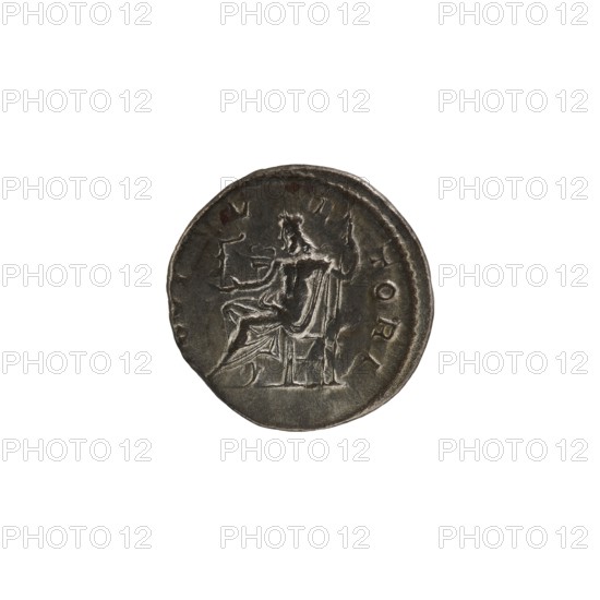 Denarius, Roman deities. Alexander Severus Roman emperor; 222–235. Obverse: Bust of Alexander Severus right with laurel wreath and paludamentum, pearl rim. Reverse: Jupiter half-naked seated on a throne facing left, holding Victoria in his outstretched right hand and a spear in his left, pearl rim. Legend: Obv. IMPCMAVRSEVALEXANDAVG; Rev. IOVI VL TORI. Date: 222–228. Place of origin: Rome. Medium: silver coin. Diameter: 17.0–18.0 mm. Weight: 2.90 g., A round metallic object with a worn, dark gray surface and lighter silvery highlights, showing an incised scene of a seated figure wearing draped clothing and a crown or headpiece, the figure facing sideways and holding a curved object in one hand while resting the other on an armrest; the edge of the object is raised and slightly irregular, and the background around it is plain white.