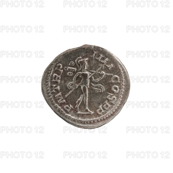 Denarius, Roman deities, Jupiter; Alexander Severus Roman emperor, 222–235 — iconography. Obv.: IMPCMAVRSEVALEXANDAVG — Head of Alexander Severus right, laurel wreath, pearl rim. Rev.: IOVI VL TORI — Jupiter half-naked, seated on a throne facing left, holding Victoria in his outstretched right hand and a spear in his left, pearl rim. Date: 222–228. Place of origin: Rome. Object type: coin denarius. Diameter: 18.5–19.0 mm. Weight: 2.95 g., A round metallic object with a worn surface showing an embossed human figure in profile and in full-body view holding a long staff or spear, surrounded by a raised dotted border and a ring of embossed markings, the metal appearing in shades of gray, silver, and brown with darker tarnished areas and lighter highlights.