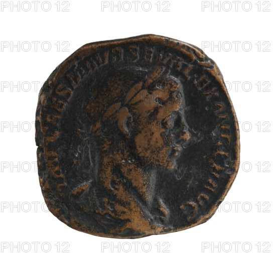 Sestertius, Alexander Severus Roman emperor; 222–235 — iconography: standing emperor, globes. Obverse: IMPCAESMAVRSEVALEXANDERAVG — Bust of Alexander Severus with laurel wreath and paludamentum facing right, pearl rim. Reverse: PONTIFMAXTRPIIIICOSPP — Emperor in military attire standing facing left, holding a ball in his right hand and a spear in his left; SC on the sides, pearl rim. Date: 225. Place of origin: Rome, Roman Empire 27 BC–476. Coin; diameter ca. 28.5–29.5 mm; weight 25.40 g., A round, worn coin with a raised profile of a person facing right, showing facial features and a laurel-like headband, with textured surfaces and irregular edges; the coin shows a mix of dark brown, black, and lighter brown tones across its surface and rim.