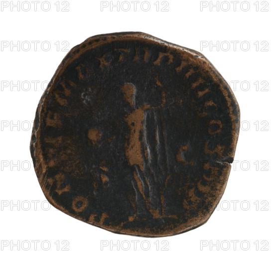 Sestertius, Alexander Severus Roman emperor; 222–235 — iconography: standing emperor, globes. Obverse: IMPCAESMAVRSEVALEXANDERAVG — Bust of Alexander Severus with laurel wreath and paludamentum facing right, pearl rim. Reverse: PONTIFMAXTRPIIIICOSPP — Emperor in military attire standing facing left, holding a ball in his right hand and a spear in his left, SC on the sides, pearl rim. 225, Roman Empire 27 BC–476, Rome. Coin; diameter 28.5–29.5 mm, weight 25.40 g., A worn circular object with an irregular edge showing a dark brown and black patina, with lighter brown areas highlighting raised surfaces; a central standing human figure is visible in silhouette with draped clothing and an arm extended, surrounded by a ring of faint raised marks around the rim; the surface texture appears pitted and uneven with scratches and small chips along the border.