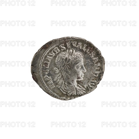 Denarius subaerate, Alexander Severus 208–235; Roman emperor 222–235. Obverse: Bust of Alexander Severus in laurel wreath, armor and paludamentum facing right; legend IMPCAESMAVRSEV ALEXANDERAVG; pearl border. Reverse: Aequitas standing facing left, holding scales in right hand and cornucopia in left; legend AEQVITASAVG; pearl border. Date: 222–228. Rome. Coin; diameter 18.0–20.5 mm; weight 3.30 g., A round metallic coin with an uneven, slightly worn edge showing a profile of a person facing right; the person has short, textured hair and a laurel wreath, a visible ear, and draped clothing at the neck. The coin surface shows raised and recessed areas with wear and small pits, and a decorative raised border encircles the portrait. Visible colors include silver-gray tones with darker gray and brownish discoloration in places.