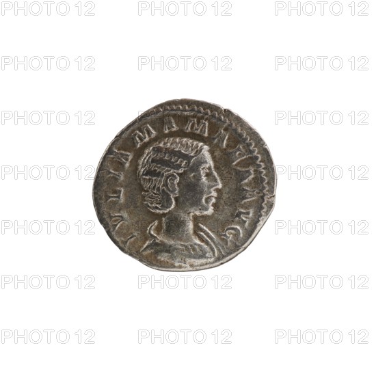 Denarius of Alexander Severus 208–235; Roman emperor 222–235, issued by Julia Mamaea ca. 180–235; Augusta 222–235. Obverse/subject: Alexander Severus; reverse/subject: Juno Roman deity. Iconography of Julia Mamaea. Date: 225–235. Origin: Rome, Roman Empire 27 BC–476. Medium/object: coin. Dimensions: diameter 17.5–18.0 mm; weight 2.96 g., A single round metallic object with a worn, uneven surface sits against a white background; the object is primarily gray and dark silver with areas of brownish tarnish, and it features a raised profile of a person facing right with textured hair and a visible neck and shoulder, surrounded by a raised decorative border and a ring of small raised markings around the edge.
