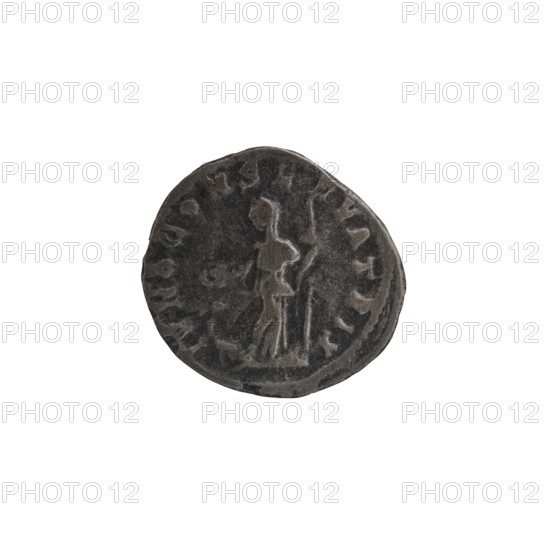 Denarius depicting Julia Mamaea ca. 180–235; Augusta 222–235 and Alexander Severus 208–235; Roman emperor 222–235. Obverse: portrait/inscription related to Julia Mamaea; reverse: Juno myth., Roman deity. Iconography associated with Julia Mamaea 180–235. Date: 225–235, Rome, Roman Empire 27 BC–476. Coin; diameter ca. 18.0–21.0 mm; weight 2.11 g., A dark gray round coin with an uneven edge set against a white background, showing a raised profile of a standing human figure holding a long vertical object, with faint circular raised patterns around the figure and variations in the coin's surface texture.