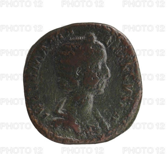 Sestertius of Alexander Severus 208–235; Roman emperor 222–235. Obverse: portrait of Julia Mamaea ca. 180–235; Augusta 222–235 — iconography related to Julia Mamaea; reverse: depiction of the Roman deity Venus. Date: 225–235 CE, Roman Empire; place of creation: Rome. Coin: diameter 28.5–29.0 mm, weight 18.7 g., A round, worn coin with a raised profile of a person facing right is shown against a white background; the coin surface has a textured, uneven patina with visible colors including dark green, brown, and hints of black, and the raised edges and portrait show areas of lighter wear and subtle reddish-brown tones.