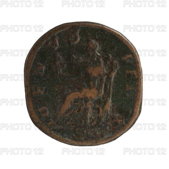 sestertius, Julia Mamaea ca. 180–235; Augustus 222–235 co-creator, Alexander Severus 208–235; Roman emperor 222–235 issuer, Roman deities, Venus mythology, Julia Mamaea 180–235 — iconography, 225–235, Roman Empire 27 BC–476, Rome, coin; diameter 28.0–30.0 mm, weight 19.95 g, A round, weathered coin with dark green and brown patina showing a worn raised design of a seated figure and another standing figure; the coin edge is uneven and shows exposed brown metal where the patina has worn away.