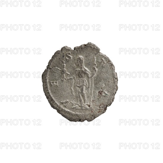 Denarius, Julia Mamaea ca. 180–235; Augusta 222–235, co-creator; Alexander Severus 208–235; Roman emperor 222–235, issuer; Roman deities — Vesta; iconography of Julia Mamaea 180–235; dated 225–235; Roman Empire 27 BC–476, Rome; coin; diameter 19.5–20.0 mm; weight 2.70 g., A round, worn coin with an uneven, chipped edge and a rough, textured surface in shades of gray and muted silver, showing a faint relief of a standing human figure holding a long object in one hand and a shorter object in the other, with subtle darker gray and brownish spots and slight greenish corrosion visible in a few areas.