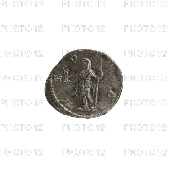 Denarius of Julia Mamaea ca. 180–235; Augusta 222–235 and Alexander Severus 208–235; Roman emperor 222–235 — issuer: Alexander Severus; obverse: portrait and titles of the rulers; reverse: Vesta Roman deity; iconography of Julia Mamaea 180–235; dated 225–235; Roman Empire 27 BC–476; coin; diameter 17.0–19.0 mm; weight 2.70 g., A round metallic coin with a worn, uneven surface showing a standing human figure in relief holding a staff in one hand and extending the other hand toward a small object; the coin has a rough edge and an aged, textured appearance with variations in tone including dark gray, silver, and hints of greenish patina.