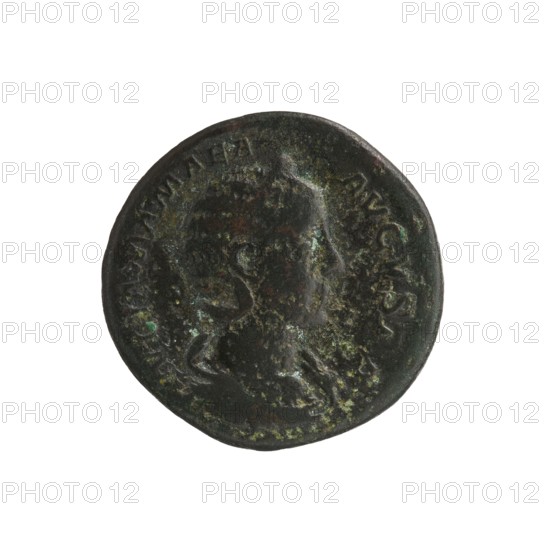 Julia Mamaea ca. 180–235; Augusta 222–235 co-creator; Alexander Severus 208–235; Roman emperor 222–235 issuer; Roman deities — Vesta myth.; iconography: Julia Mamaea 180–235; date: 225–235, Rome; Roman Empire 27 BC–476; coin; diameter 24.0–25.0 mm; weight 9.73 g., A circular metal coin with a worn raised profile of a person in the center, showing a head and shoulders outline facing to the right; the surface has textured corrosion and patina with visible green and dark brown areas, along with patches of lighter brown and black; the coin edge is uneven and slightly irregular, and there are faint raised markings around the perimeter.