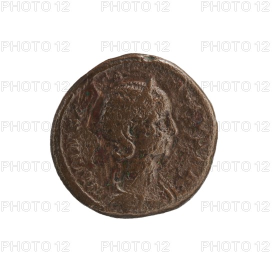 Julia Mamaea ca. 180–235; Augusta 222–235 co-creator; Alexander Severus 208–235; Roman emperor 222–235 issuer; Roman deities — Vesta myth.; Julia Mamaea 180–235 — iconography; 225–235; Roman Empire 27 BC–476, Rome; coin; diameter 24.0 mm & 25.0 mm; weight 10.70 g, A round, worn object with a raised profile of a face in relief, shown from the side, set against a plain white background; the surface has a rough, pitted texture with areas of smoother wear and small patches of darker and lighter brown, along with hints of green and reddish tones.
