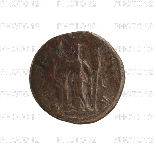 Julia Mamaea ca. 180–235; Augusta 222–235 co-creator, Alexander Severus 208–235; Roman emperor 222–235 issuer/author, Roman deities, Vesta myth., Julia Mamaea 180–235 — iconography, 225–235, Roman Empire 27 BC–476 place of creation: Rome, coin; diameter 24.0–25.0 mm; weight 10.70 g, A round, worn coin with a textured, uneven surface showing a standing human figure in low relief; the figure appears to hold a long, thin object in one hand and has draped clothing. The coin's visible colors include brown, dark brown, and hints of green and reddish patina across its surface, with slightly darker edges and lighter highlights on raised areas.
