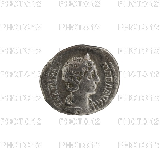 Denarius, Alexander Severus 208–235; Roman emperor 222–235, issuer; Julia Mamaea c. 180–235; Augusta 222–235, co-creator. Obverse/bust/iconography: Julia Mamaea; Roman deities; Vesta. Date: 225–235. Place of origin: Rome, Roman Empire 27 BC–476. Material/object type: coin. Diameter: 17.0 mm and 19.0 mm. Weight: 3.65 g., A worn round metallic object with a raised profile of a person's head in relief, shown in right-facing profile with short, stylized hair and a draped garment at the neck; the surface is textured with scratches and irregularities and there is an outer raised rim around the design; colors visible include shades of gray, dark gray, and silver against a white background.
