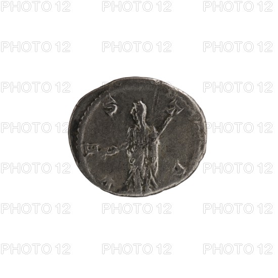 Denarius of Alexander Severus 208–235; Roman emperor 222–235, issuer; Julia Mamaea c. 180–235; Augusta 222–235, co-creator. Obverse/legends and iconography reference Roman deities and Julia Mamaea 180–235 — Vesta. Date: 225–235, Roman Empire; place of origin: Rome mint. Coin; diameter 17.0 mm and 19.0 mm; weight 3.65 g., A round metallic object with a worn, textured surface showing a faint relief of a standing human-like figure holding a long staff or rod in one hand and a small object in the other, depicted in muted tones of dark gray and silver with areas of lighter silver highlights and darker gray shadows; the object's edge appears irregular and slightly raised, and the background is plain white.