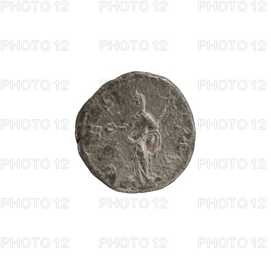 Denarius depicting Julia Mamaea ca. 180–235; Augusta 222–235 and Alexander Severus 208–235; Roman emperor 222–235, issuer: Alexander Severus; obverse/portrait iconography of Julia Mamaea; reverse: Roman deity Vesta; iconography of Julia Mamaea; dated 225–235 CE, Roman Empire; place of creation: Rome; coin denarius, diameter ~17.5–18.0 mm, weight 2.60 g., A round, worn coin with an uneven rim showing a raised, textured surface and a faint central figure in low relief; the coin displays a weathered, metallic appearance with shades of gray, dark gray, and hints of brown and off-white patina across its surface, all set against a plain white background.