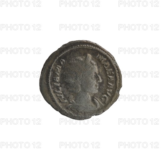 Denarius depicting Julia Mamaea ca. 180–235; Augusta 222–235 and Alexander Severus 208–235; Roman emperor 222–235. Issuer/author: Alexander Severus. Iconography: Julia Mamaea, personification Felicitas. Date: 225–235 CE. Place: Rome, Roman Empire. Medium: coin. Diameter: 19.5–20.5 mm. Weight: 2.45 g., A circular metal coin with a worn raised portrait in profile facing right, showing facial features and hair texture; the coin has a raised rim and decorative border around the portrait, and the surface appears aged and textured with irregular edges; visible colors include dark gray, muted brown, and hints of greenish patina.