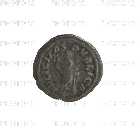 Denarius depicting Julia Mamaea ca. 180–235; Augusta 222–235, issued under Alexander Severus 208–235; Roman emperor 222–235. Obverse: portrait of Julia Mamaea; reverse: personification Felicitas. Date: 225–235. Roman Empire, Rome. Coin; diameter 19.5–20.5 mm; weight 2.45 g., A round, worn coin with a textured surface showing a raised profile of a person in the center, surrounded by an outer raised rim; the coin appears dark gray with areas of lighter gray and subtle brownish tones, and its edges are slightly irregular.