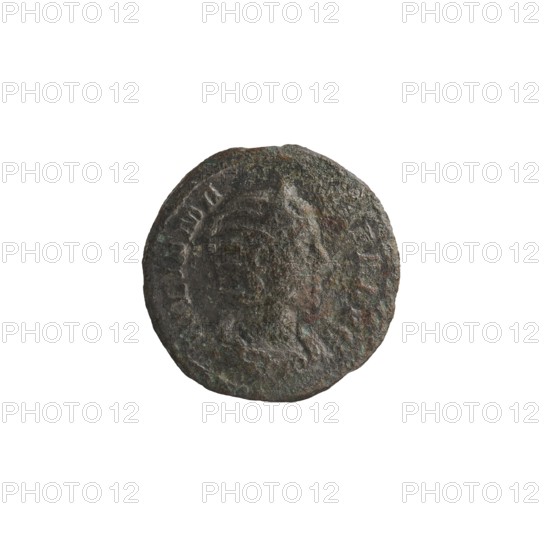 Denarius unofficial depicting Julia Mamaea ca. 180–235; Augusta 222–235 and Alexander Severus 208–235; Roman emperor 222–235. Obverse: busts or portraiture of Julia Mamaea iconography and Alexander Severus; reverse: Felicitas personification and other personifications. Date: 225–235 or later; Roman Empire 27 BC–476; Rome mint. Coin; diameter 19.0 mm; weight 3.22 g., A single round, weathered metal object with a rough, pitted surface and irregular edges, showing a raised, worn central relief that suggests a profile shape; the object displays a mix of dark brown, greenish, and gray tones with hints of reddish-brown patina.