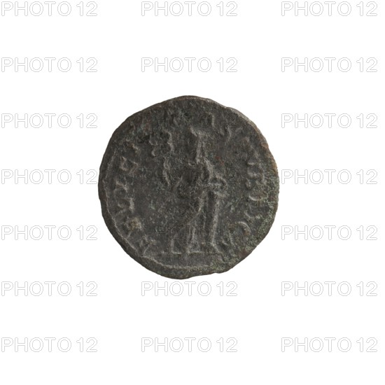 Denarius unofficial depicting Julia Mamaea ca. 180–235; Augusta 222–235 and Alexander Severus 208–235; Roman emperor 222–235. Inscription elements indicate titles and hierarchy of power. Iconography: Julia Mamaea; Felicitas personification and other personifications. Date: 225–235 or later. Place of creation: Roman Empire, Rome. Medium: coin; diameter 19.0 mm; weight 3.22 g., A round, weathered coin with a rough, uneven surface and worn raised details; it appears mostly dark brown with patches of greenish and grayish patina, and traces of lighter brown around the edges. The coin shows the faint outline of a standing human figure in the center with subtle texture variations suggesting clothing and a raised platform beneath the figure. The rim is irregular and slightly jagged in places, and the overall finish looks aged and corroded.