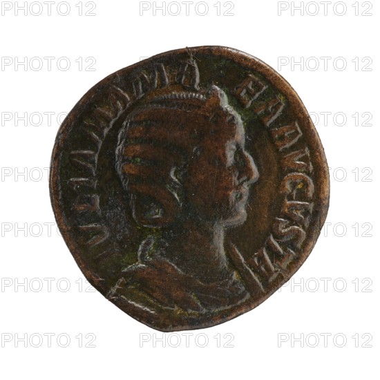 Sestertius of Julia Mamaea ca. 180–235 issued under Alexander Severus 208–235; Roman emperor 222–235, c. 225–235. Obverse: portrait of Julia Mamaea; reverse: personification Felicitas. Roman Empire; Rome. Bronze coin; diameter 28.5–29.0 mm; weight 20.7 g., A round metal coin with a raised profile of a person facing right, showing facial features and hair styled back; the coin surface is worn with areas of darker and lighter brown, patches of greenish oxidation, and subtle highlights; a raised rim encircles the portrait and there are traces of raised decorative elements around the edge.