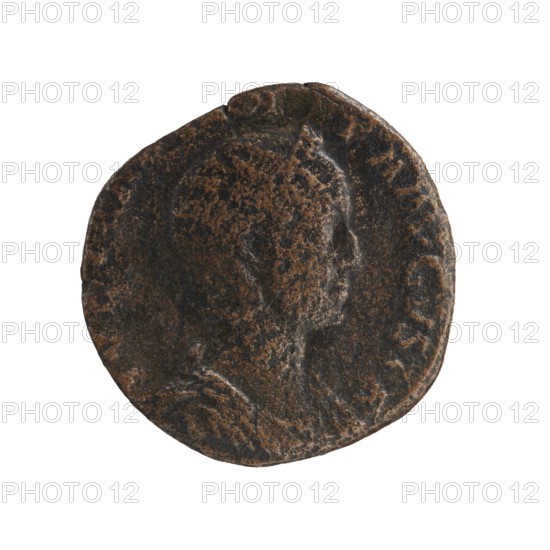 Sestertius of Julia Mamaea ca. 180–235 and Alexander Severus 208–235; Roman emperor 222–235, attributed author/issuer Alexander Severus. Obverse: portrait of Julia Mamaea; inscriptions indicating titles/positions. Reverse: personification Felicitas. Date: 225–235. Roman Empire; Rome mint. Coin sestertius; diameter approx. 26.5–27.5 mm; weight 15.7 g., A worn round object with an irregular edge showing a raised profile of a human head in relief, rendered in a textured surface of dark brown and black tones with patches of lighter brown patina; the background is plain white and the object casts no visible shadow.