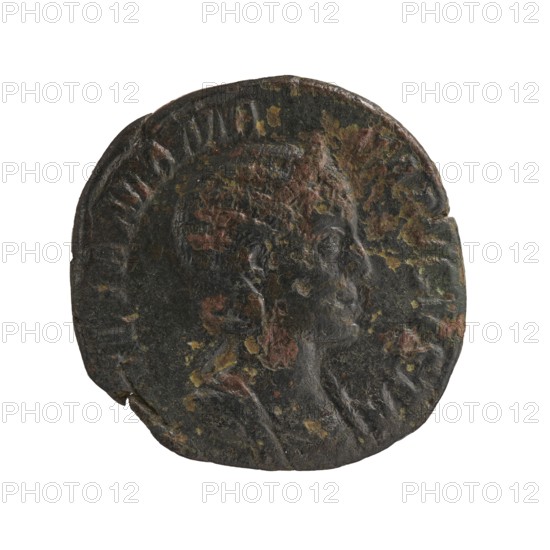 Sestertius, Julia Mamaea ca. 180–235; Augustus 222–235 co-creator; Alexander Severus 208–235; Roman emperor 222–235 creator, titles/rank; Felicitas personification; Julia Mamaea 180–235 — iconography, personifications; dated 225–235, Roman Empire 27 BC–476, Rome mint; coin; diameter 28.5–29.0 mm; weight 18.00 g., A round, worn coin with a raised profile of a person facing right; the surface shows a mix of dark brown and black patina with patches of greenish and reddish corrosion and a few yellowish spots, and the coin edge is irregular with small chips.