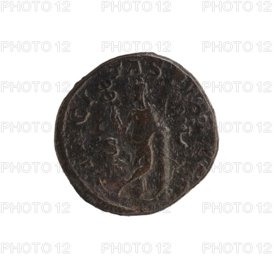 Dupondius depicting Julia Mamaea ca. 180–235; Augusta 222–235 and Alexander Severus 208–235; Roman emperor 222–235; issuer Alexander Severus; personifications including Felicitas; iconography of Julia Mamaea; dated 222–235, Rome, Roman Empire 27 BC–476; coin; diameter 23.0–23.5 mm; weight 10.75 g., A round, worn coin with a dark brown and black patina showing faint raised features; the surface is uneven with areas of lighter brown and subtle greenish discoloration, and the coin sits against a white background.