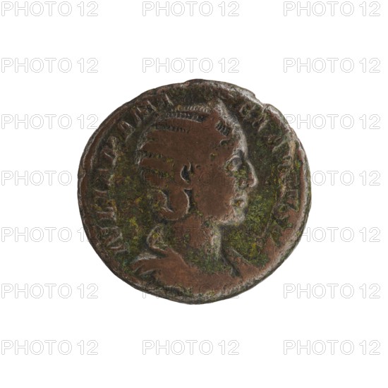 Julia Mamaea ca. 180–235; Augusta 222–235, co-creator; Alexander Severus 208–235; Roman emperor 222–235, author/issuer; personifications — Felicitas; iconography of Julia Mamaea 180–235; dated 222–235; Roman Empire 27 BC–476, Rome; coin, diameter 23.5–24.0 mm, weight 10.40 g., A circular metal coin with a worn raised profile of a person facing right, showing facial features, hair with textured lines, and part of a neck and shoulder; the coin surface is mottled with brown and green patina, with areas of darker brown and hints of lighter brown where metal shows through, and the rim is irregular and slightly rough.