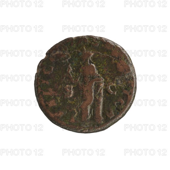 Julia Mamaea ca. 180–235; Augusta 222–235 co-creator; Alexander Severus 208–235; Roman emperor 222–235 author; personifications: Felicitas; Julia Mamaea 180–235 — iconography; date: 222–235; place/type: Roman Empire 27 BC–476, Rome; object: coin; dimensions: diameter 23.5–24.0 mm; weight 10.40 g., A worn circular object with an uneven surface showing a mix of brown, dark green, and hints of black and bluish tones; faint raised shapes suggest a standing human-like figure holding a vertical element, with surrounding irregular patches and shallow indentations across the object's face.