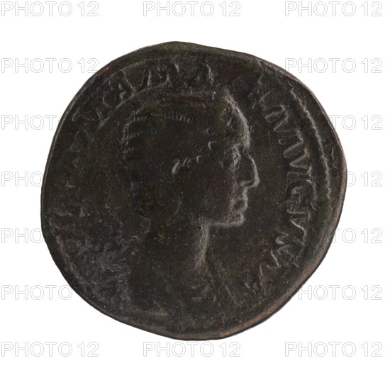 Sestertius depicting Julia Mamaea ca. 180–235 and Alexander Severus 208–235, Roman emperor 222–235; obverse/issuer: Alexander Severus; reverse: Felicitas personification and Julia Mamaea—iconography of personifications; date: 222–235 CE; place: Rome, Roman Empire; medium: coin sestertius; diameter: 29.5–32.0 mm; weight: 18.3 g., A round dark metal coin shown against a white background featuring a raised profile of a person facing right; the coin surface is uneven and worn with visible ridges and indentations, and there is a raised rim around the edge. The visible colors are dark brown, black, and hints of greenish patina.