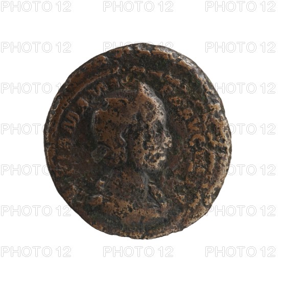 dupondius as?, Julia Mamaea ca. 180–235; Augusta 222–235 co-creator, Alexander Severus 208–235; Roman emperor 222–235 issuer; titles/positions, personifications: Felicitas, Julia Mamaea 180–235 — iconography, 222–235, Roman Empire 27 BC–476, Rome, coin; diameter 27.0–28.0 mm; weight 14.05 g, A round, worn coin-like object with an uneven, textured surface showing a raised profile of a person's head; the object displays a mix of dark brown, lighter brown, and patches of black and greenish discoloration across its surface, with rough, pitted edges and irregular highlights and shadows.