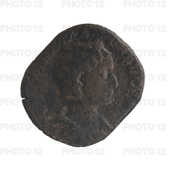 Sestertius depicting Julia Mamaea ca. 180–235 and Alexander Severus 208–235; Roman emperor 222–235. Obverse: portraits of Julia Mamaea and/or Alexander Severus; legends giving titles and imperial authority. Reverse: personification of Felicitas. Iconography dated 222–235 CE, Roman Empire; Rome mint. Bronze coin sestertius; diameter approx. 25.0–29.0 mm, weight 18.4 g., A round, irregularly shaped dark object with a rough textured surface showing worn raised areas that suggest a faint profile of a face; the object is primarily dark brown to nearly black with a few subtle rusty brown highlights and lighter brown patches, and it sits against a plain white background.