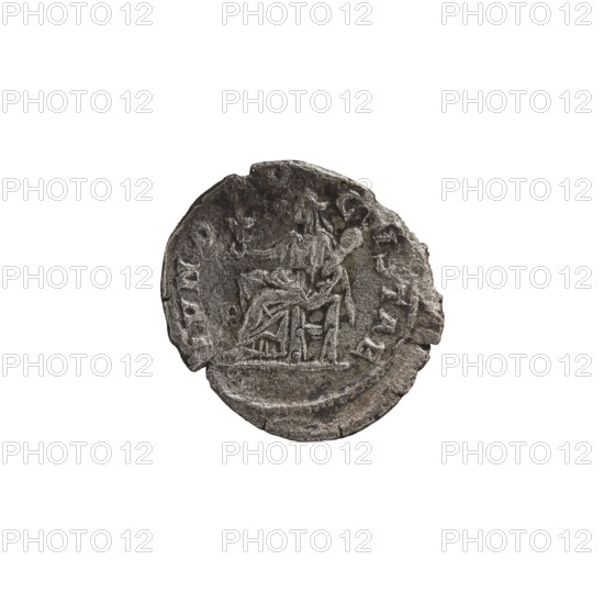 Denarius depicting Julia Mamaea ca. 180–235; Augusta 222–235 and Alexander Severus 208–235; Roman emperor 222–235, issuer; obverse/inscriptions indicating rulers' titles; reverse featuring Juno Roman deity. Iconography of Julia Mamaea 180–235. Date: 225–235. Roman Empire; Rome mint. Coin. Diameter: 17.5–19.0 mm. Weight: 2.45 g., A worn round metal object with an irregular edge showing a raised, weathered surface texture and shades of gray and dark gray; the center features a bas-relief scene of a seated figure draped in robes on a throne with a standing figure beside them and a few indistinct raised shapes around them; the object shows scratches, dents, and uneven patina with lighter gray highlights on raised areas and darker gray in recessed areas.