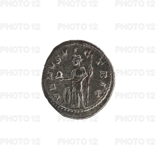 Denarius featuring Julia Mamaea and Alexander Severus; obverse: portrait and inscriptions identifying Julia Mamaea ca. 180–235 and Alexander Severus 208–235; Roman emperor 222–235; reverse: depiction of Venus Roman deity. Dated 225–235 CE. Roman Empire, Rome. Coin; diameter 18.5–20.0 mm, weight 2.80 g., A round metallic object with a worn, dark silver surface showing a raised central figure of a standing person in draped clothing holding an object in one hand and a long staff or spear in the other, surrounded by a border and a ring of incised marks; the background is plain white and the visible colors are dark silver, gray, and hints of brown.