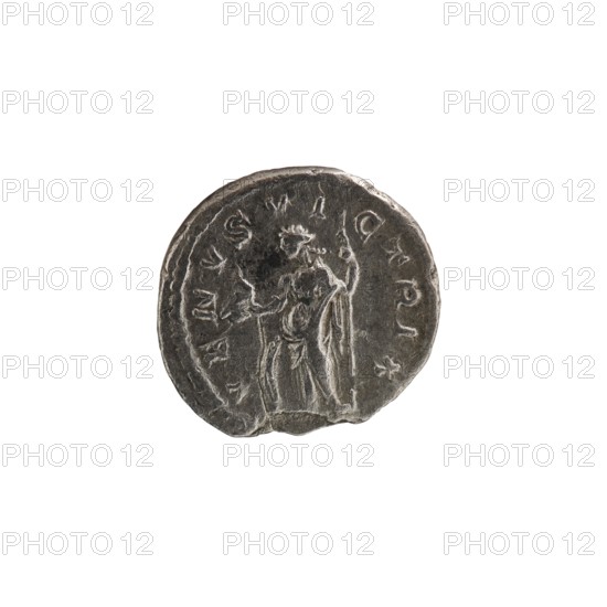 Denarius depicting Julia Mamaea ca. 180–235; Augusta 222–235 and Alexander Severus 208–235; Roman emperor 222–235, issuer; obverse/back with Roman deities: Venus; iconography of Julia Mamaea 180–235. Date: 225–235. Place: Roman Empire, Rome. Coin; diameter 17.5–18.5 mm; weight 2.60 g., A circular metallic object with a worn, textured surface in shades of dark gray and silver sits against a white background; the object shows an embossed human figure wearing a long garment and a headpiece, holding an object in one hand and a staff-like object in the other, with raised rim details and irregular edge wear.