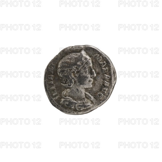 Denarius, Julia Mamaea ca. 180–235 and Alexander Severus 208–235, Roman emperor 222–235 issuer, Roman deities; Julia Mamaea — iconography; Venus mythology. Date: 225–235. Place: Rome, Roman Empire 27 BC–476. Coin. Diameter: 17.0–18.0 mm. Weight: 2.90 g., A single round coin with a worn metallic surface showing a raised profile of a person facing right, including visible facial features, hair details, and a draped garment at the neck; the coin appears textured and aged with irregular edges and shallow relief markings around the portrait. The visible colors are silver-gray, dark gray, and hints of darker tarnish.