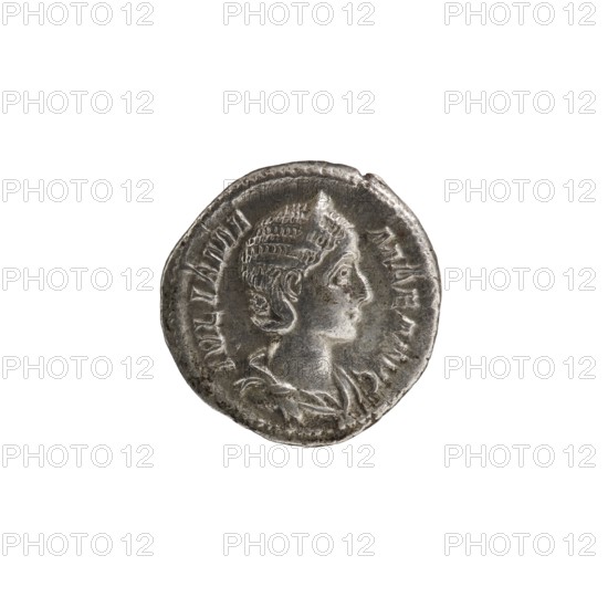 Denarius, Julia Mamaea ca. 180–235; Augusta 222–235 co-creator; Alexander Severus 208–235; Roman emperor 222–235 issuer; Fecunditas personification; Julia Mamaea 180–235 — iconography; personifications; 225–235; Rome; Roman Empire 27 BC–476; coin; diameter 19.0 mm; weight 3.10 g, A round metallic coin shown against a white background with a raised profile of a person's head facing right, textured hair, a defined ear and facial features, a visible neck and shoulder area with draped clothing, a raised rim around the edge and worn, uneven surface with darker and lighter silver-gray tones.